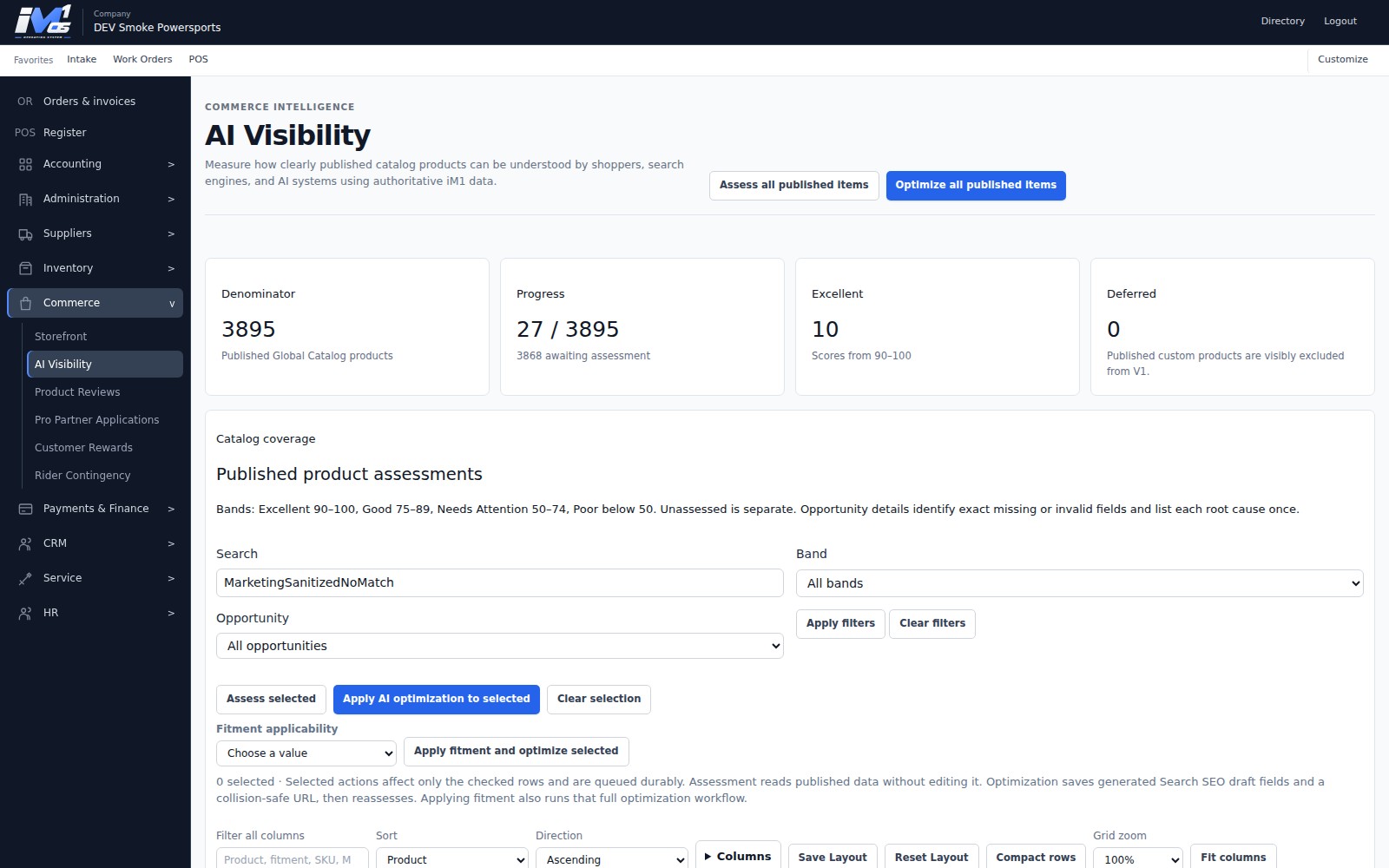 Actual iM1 OS AI Visibility workspace showing product-quality assessment progress, opportunity filters, and selected optimization controls