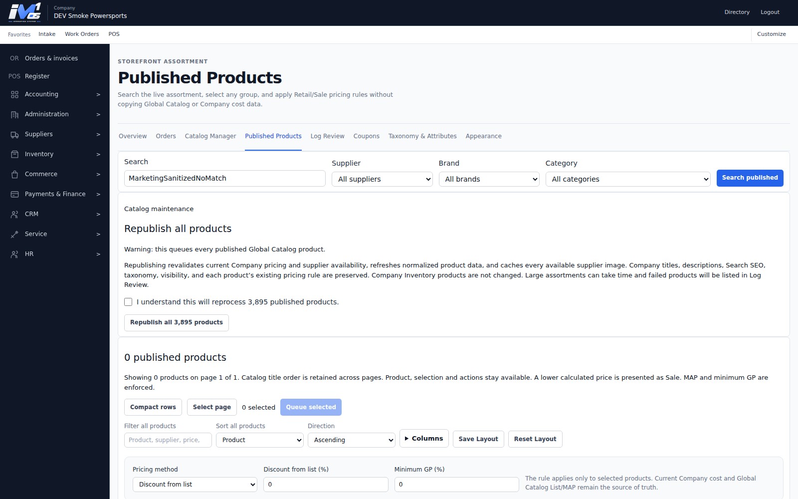 Actual iM1 OS Published Products workspace showing catalog search, supplier and brand filters, and product publishing controls
