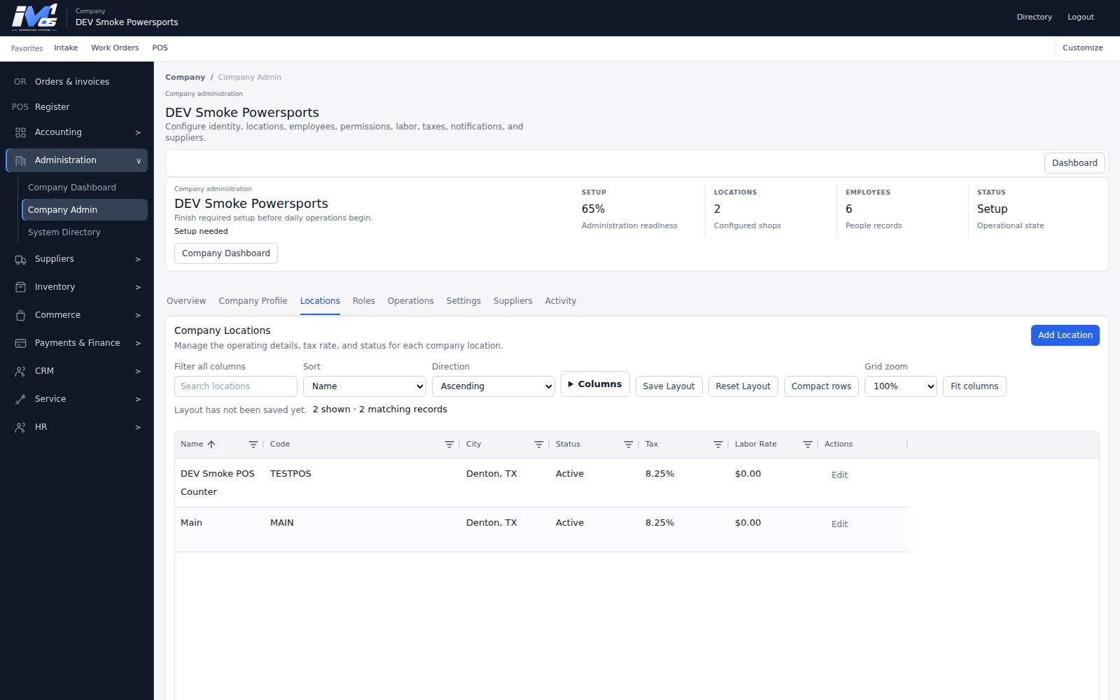 Actual iM1 OS Company Administration Locations tab showing demo shop locations, status, tax configuration, and operating controls