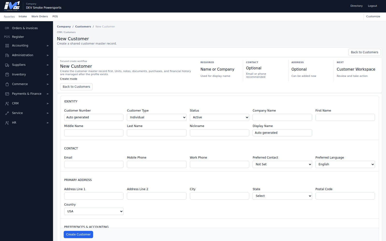 Actual iM1 OS New Customer workflow with identity, contact, address, and shared customer master fields ready for entry