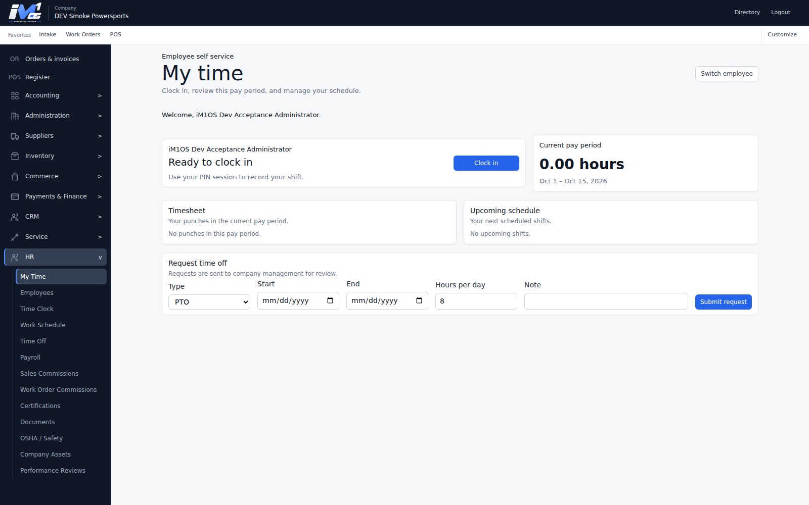 Actual iM1 OS My Time workspace for a demo employee showing current pay-period hours, timesheet, upcoming schedule, and time-off request fields