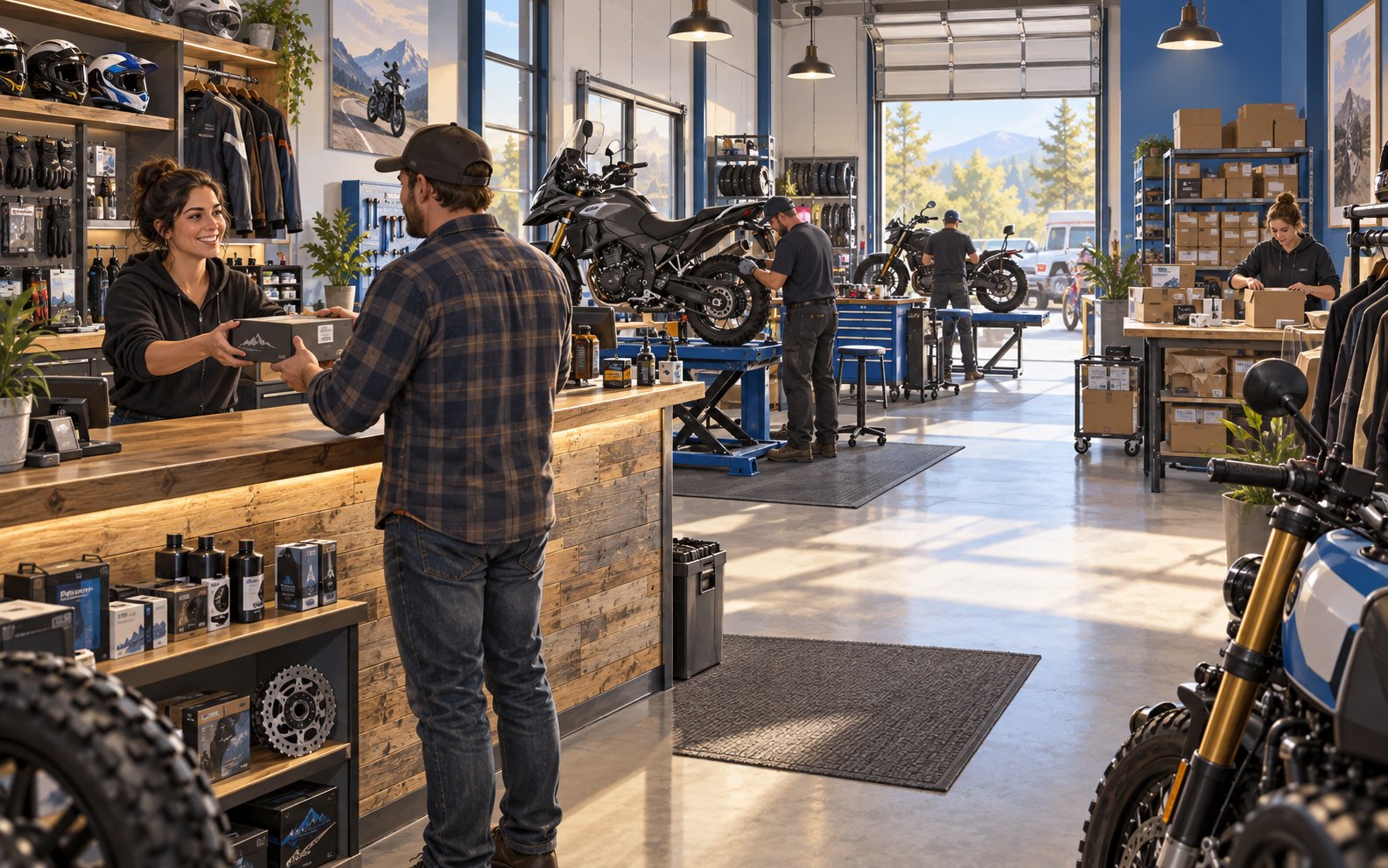 Illustration of an independent powersports shop connecting the retail parts counter, motorcycle service bay, and online order packing bench