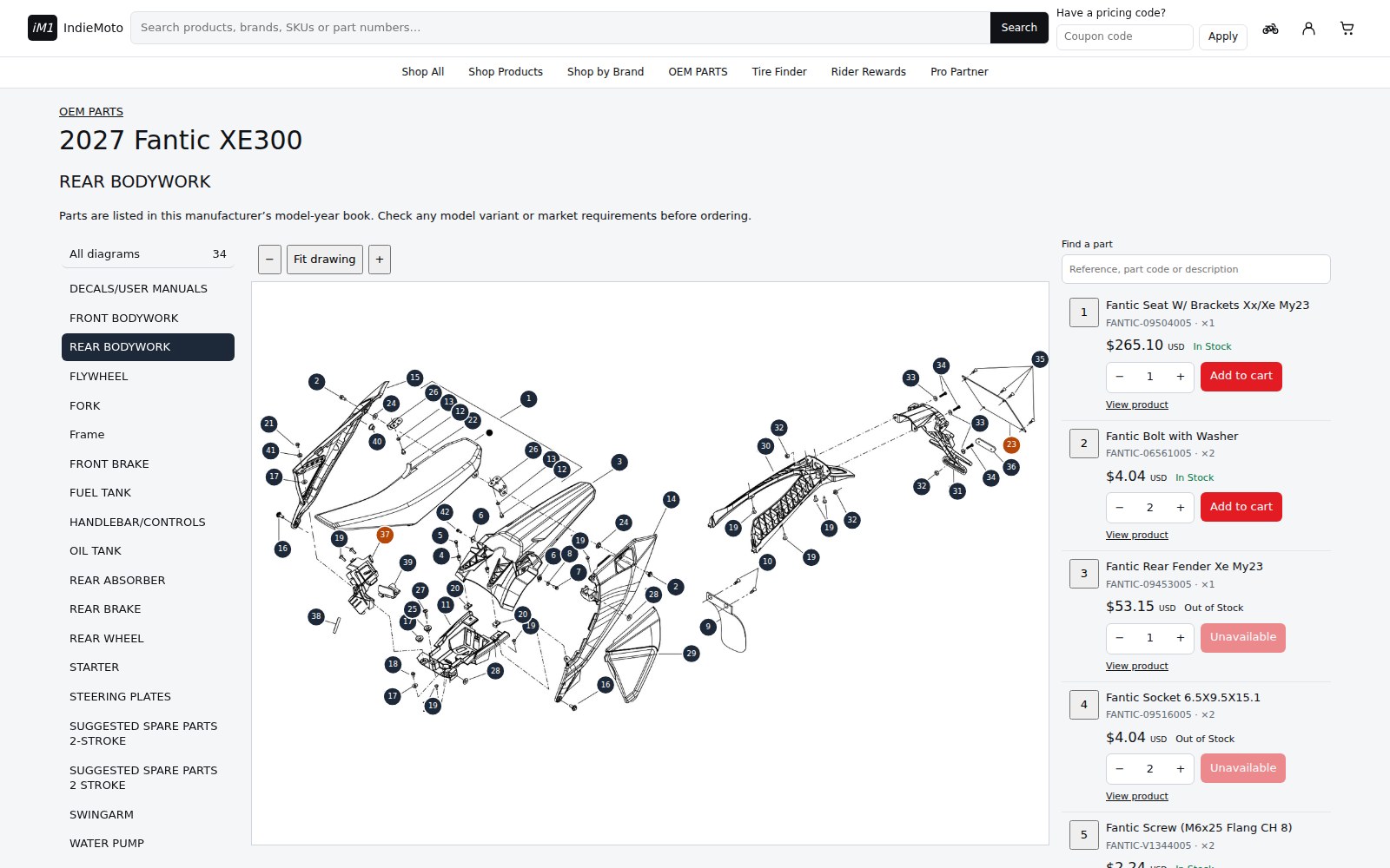 Current iM1 OS OEM parts finder showing the Fantic model diagram, selectable drawing references, part search, prices, stock, and cart controls