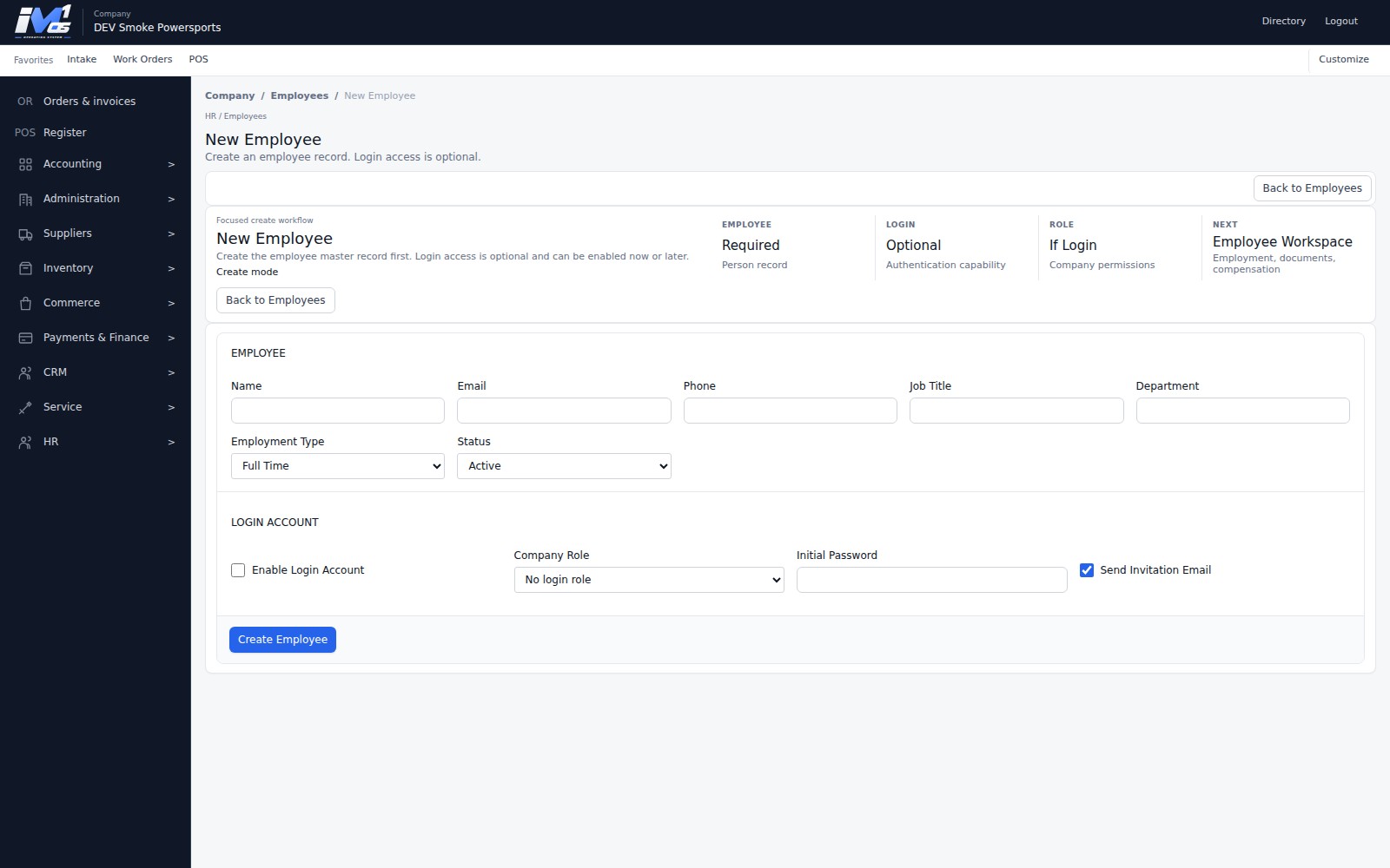 Actual iM1 OS New Employee workspace showing employee master fields, employment status, and optional Company login access