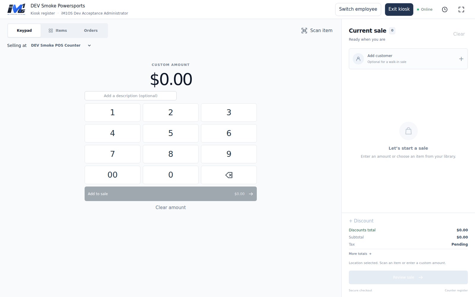 Actual current iM1 OS Point of Sale register in a sanitized Dev demo company showing the keypad, location selector, and current sale totals