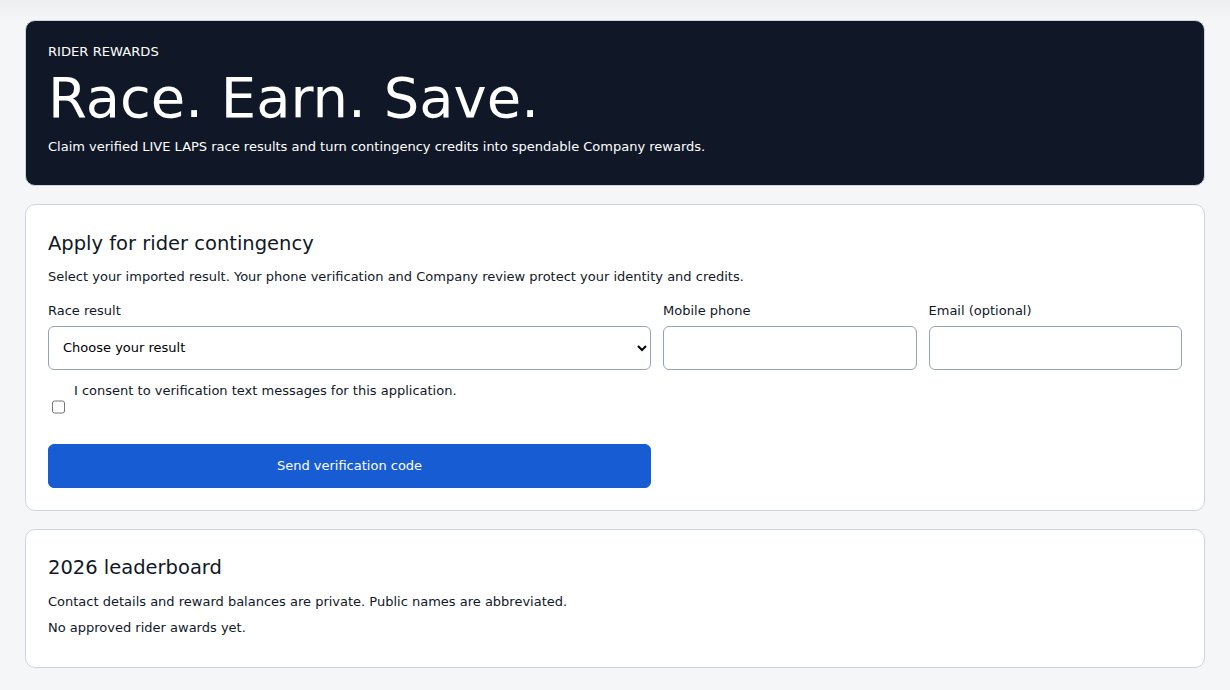 Current public iM1 OS Rider Rewards page showing event-result selection, phone verification, company review, and a privacy-aware leaderboard