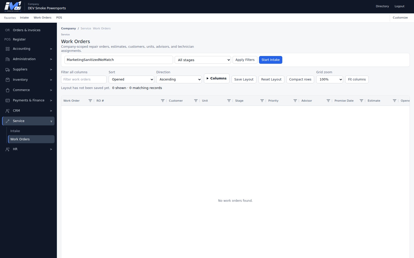 Actual iM1 OS service Work Orders workspace showing stage filters, repair order columns, and the Start Intake action in a demo Company