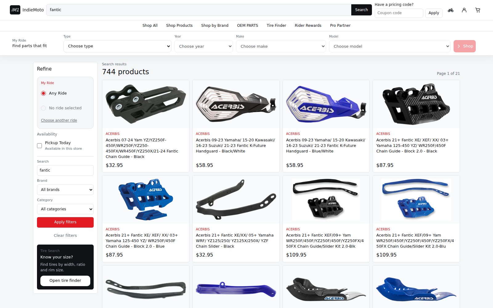 Current iM1 OS commerce storefront showing product search, ride fitment, brand and category filters, product images, and prices