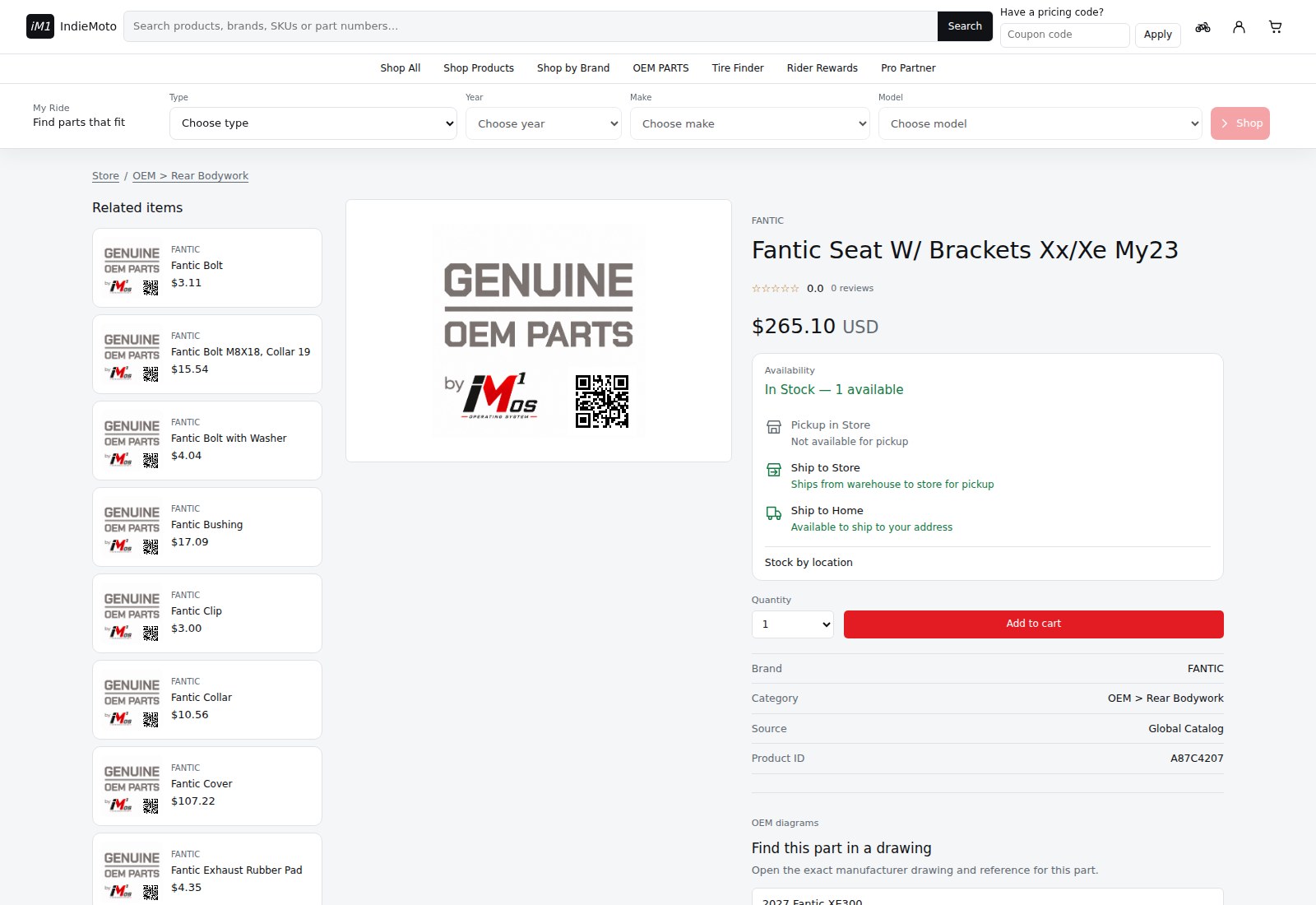 Current iM1 OS OEM product page showing related parts, live warehouse availability, fulfillment choices, and a link back to the exact manufacturer drawing