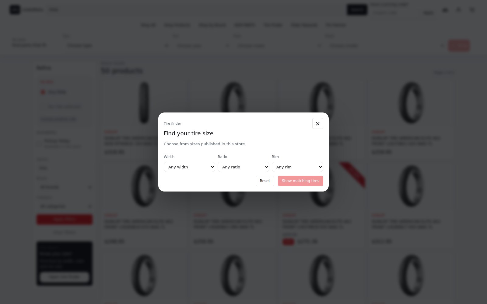Current iM1 OS tire finder over the live storefront catalog with width, ratio, and rim fitment choices