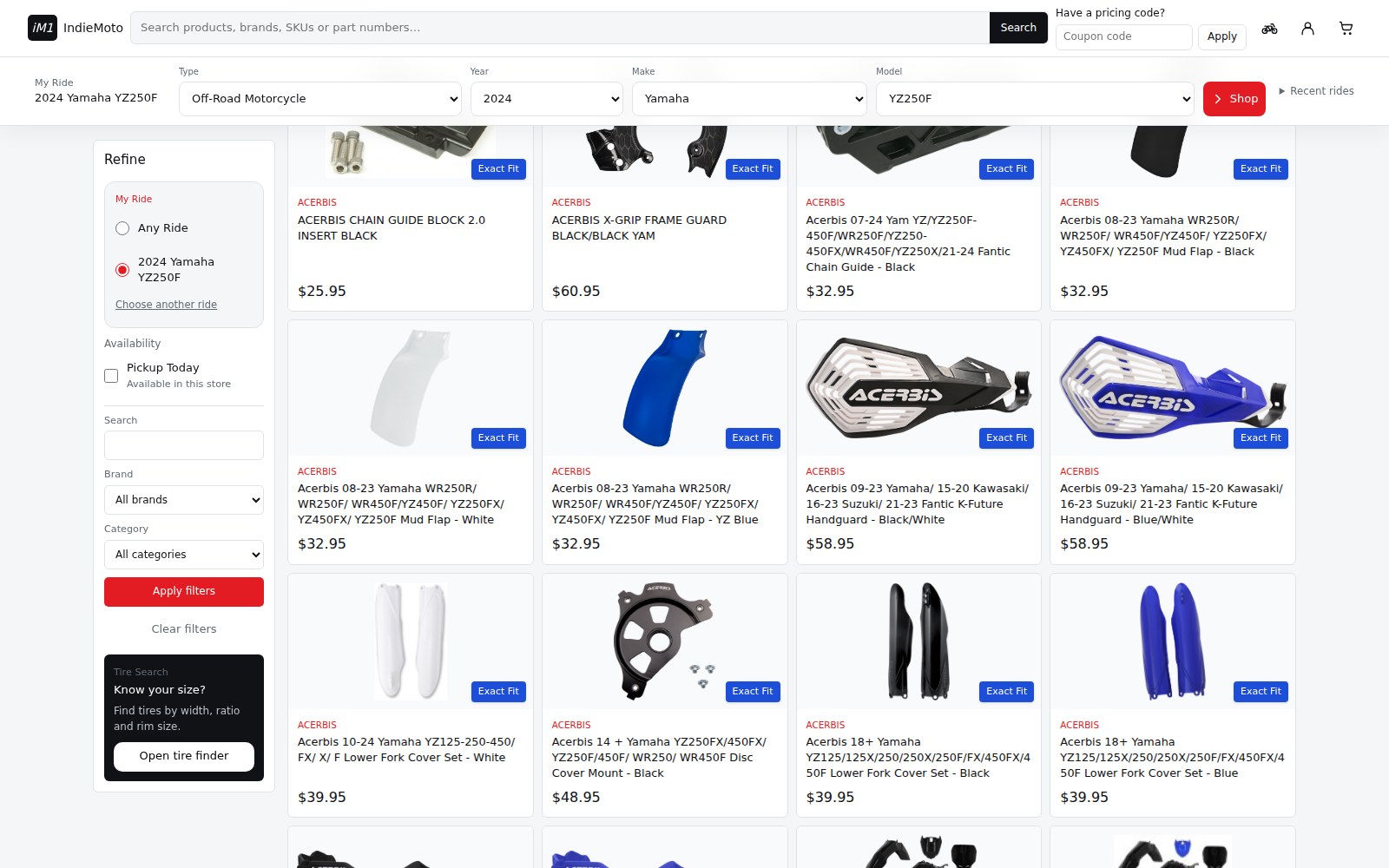 Actual iM1 OS compatible product results for a 2024 Yamaha YZ250F showing motorcycle parts with Exact Fit badges and public prices